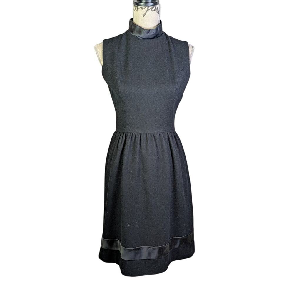 Vintage 80s Lanz Originals Black Satin Trim High Neck Dress XS